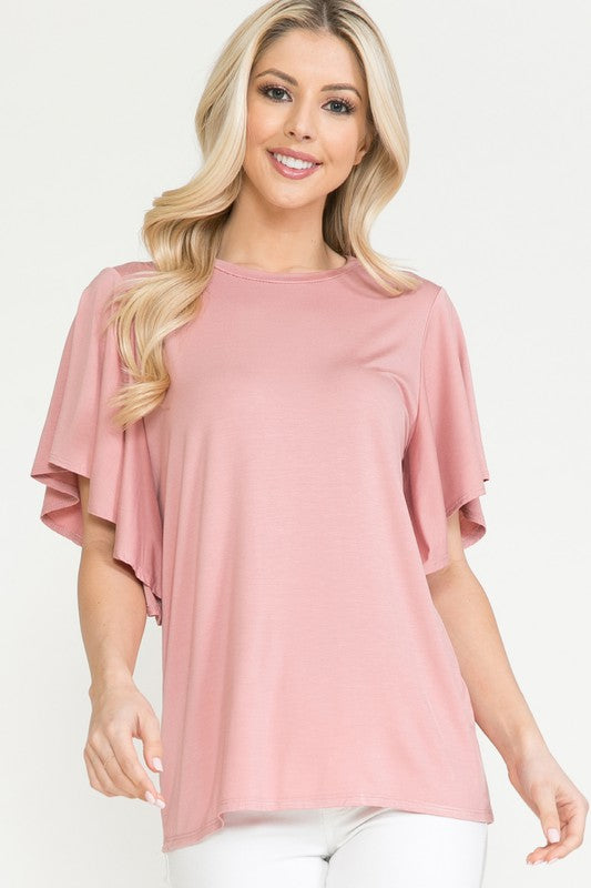 Solid Short Butterfly Sleeve Round Neck Top