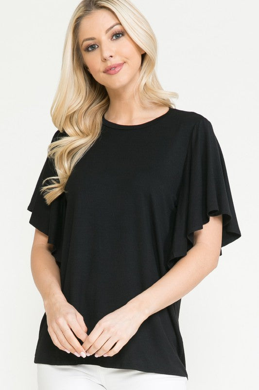 Solid Short Butterfly Sleeve Round Neck Top