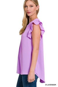 WOVEN WOOL PEACH RUFFLED  SLEEVE HIGH-LOW TOP