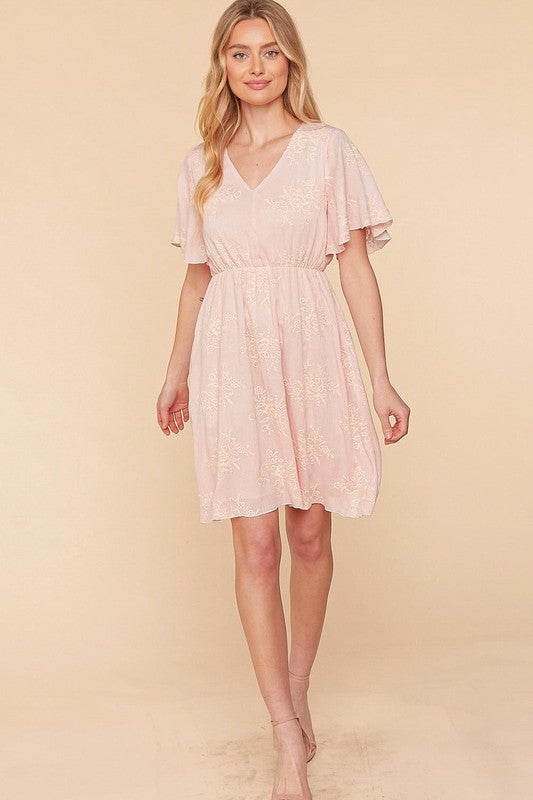 CRINKLE EMBROIDERED FLARE WOVEN DRESS